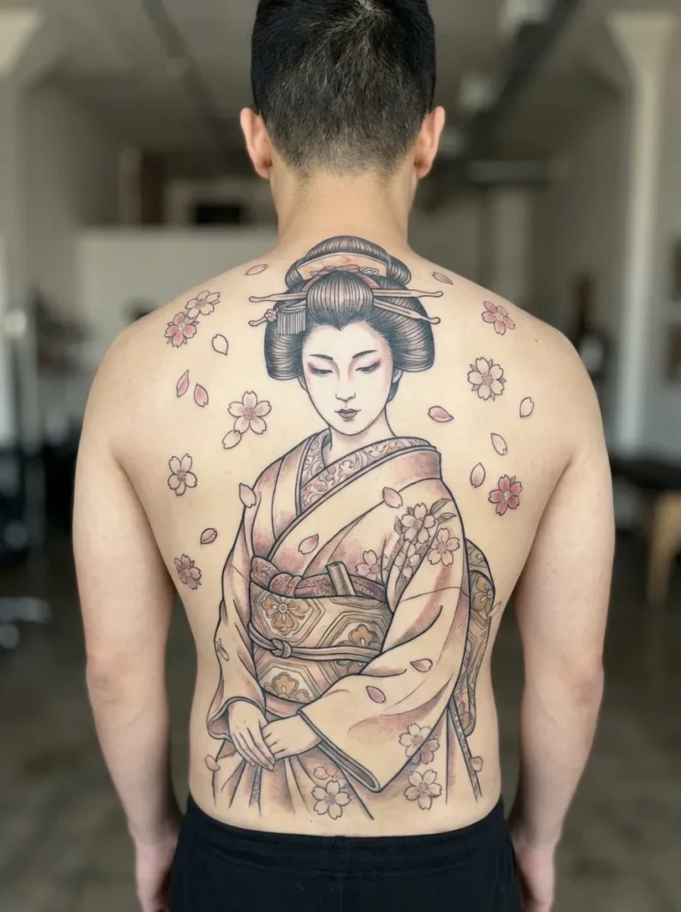 Geisha Portrait with Sakura Full Back