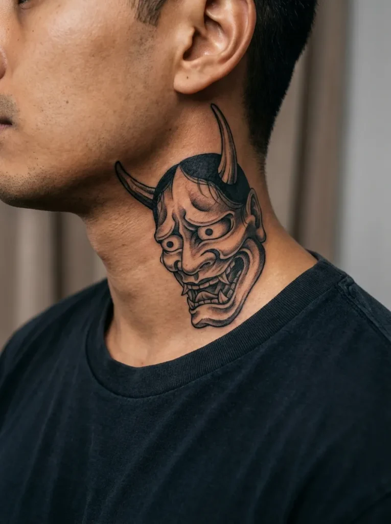 Hannya Mask Neck Tattoo
