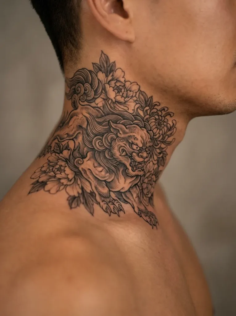 Karajishi (Foo Dog) Neck Tattoo
