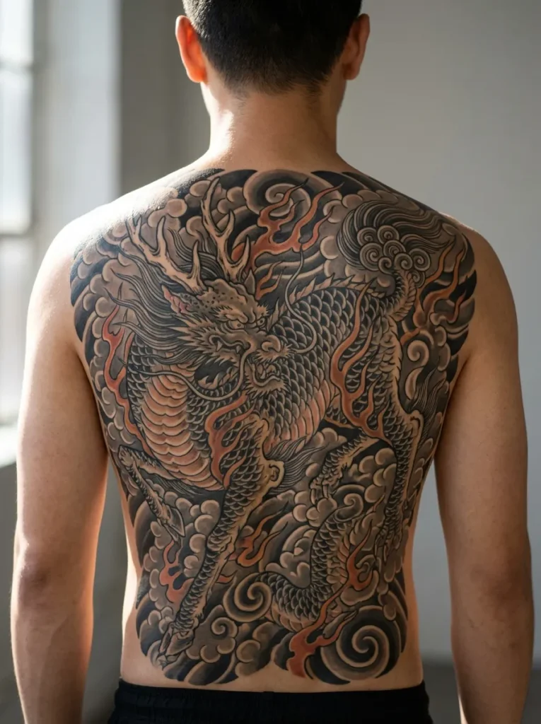 Kirin with Cloud Swirls Back Tattoo