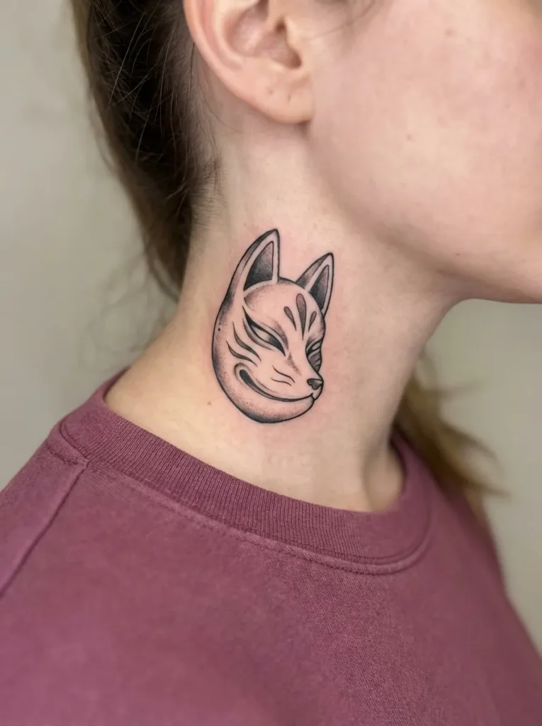 Kitsune Mask Neck Tattoo