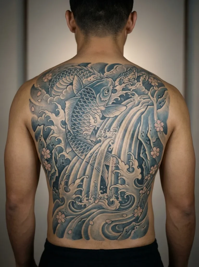 Koi Fish Waterfall Back Design
