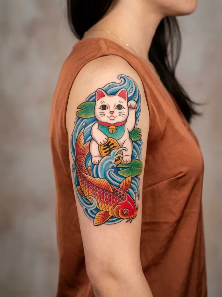 Maneki Neko and Koi Fish Scene