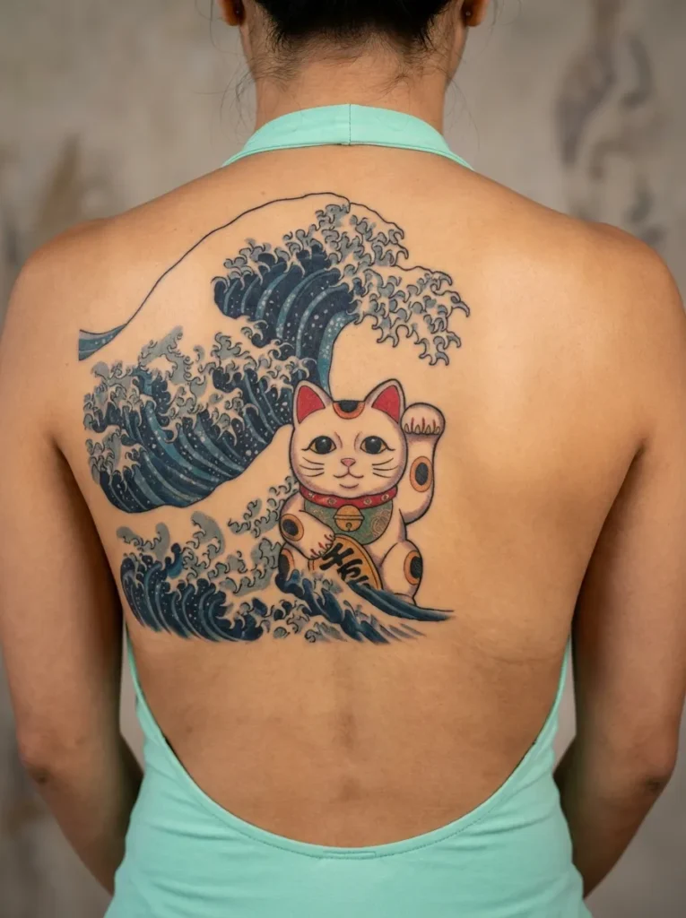 Maneki Neko with Wave Background