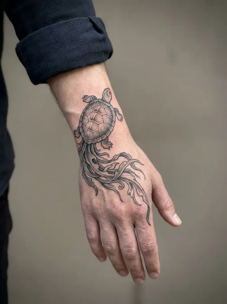 Minogame Turtle Hand Tattoo
