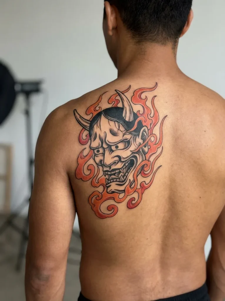 Oni Mask with Flames Background