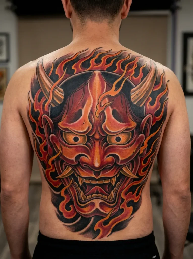 Oni Mask with Flames Full Back