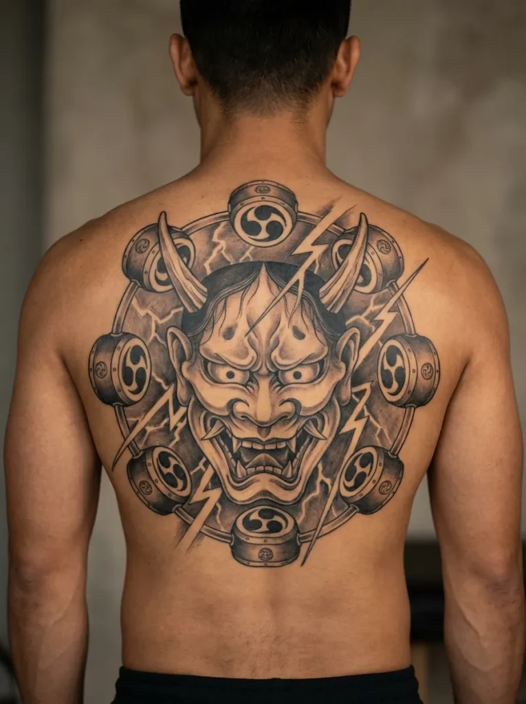 Oni Mask with Raijin Thunder Drums