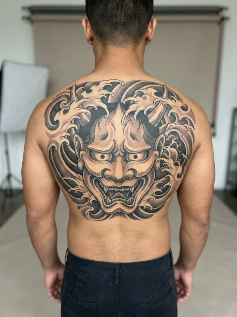 Oni Mask with Wave (Nami) Background