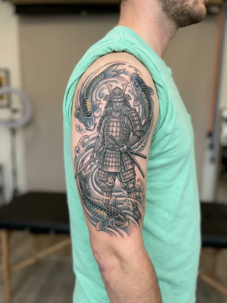Samurai with Koi Fish