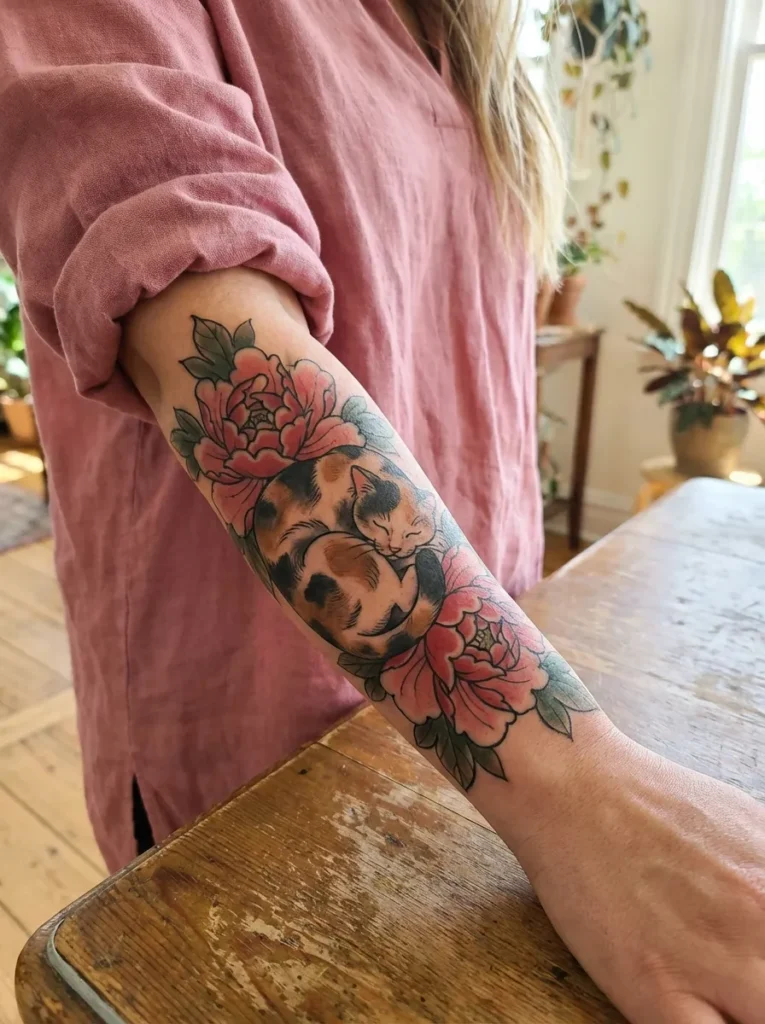 Sleeping Cat with Peonies