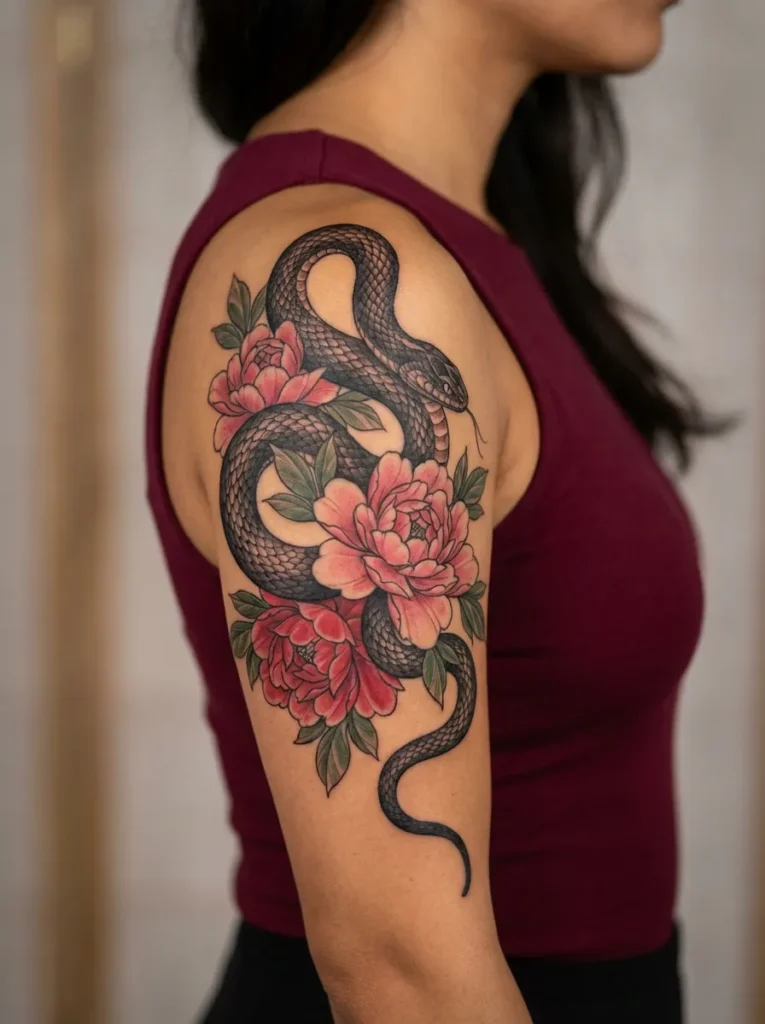 Snake with Flowers Tattoo