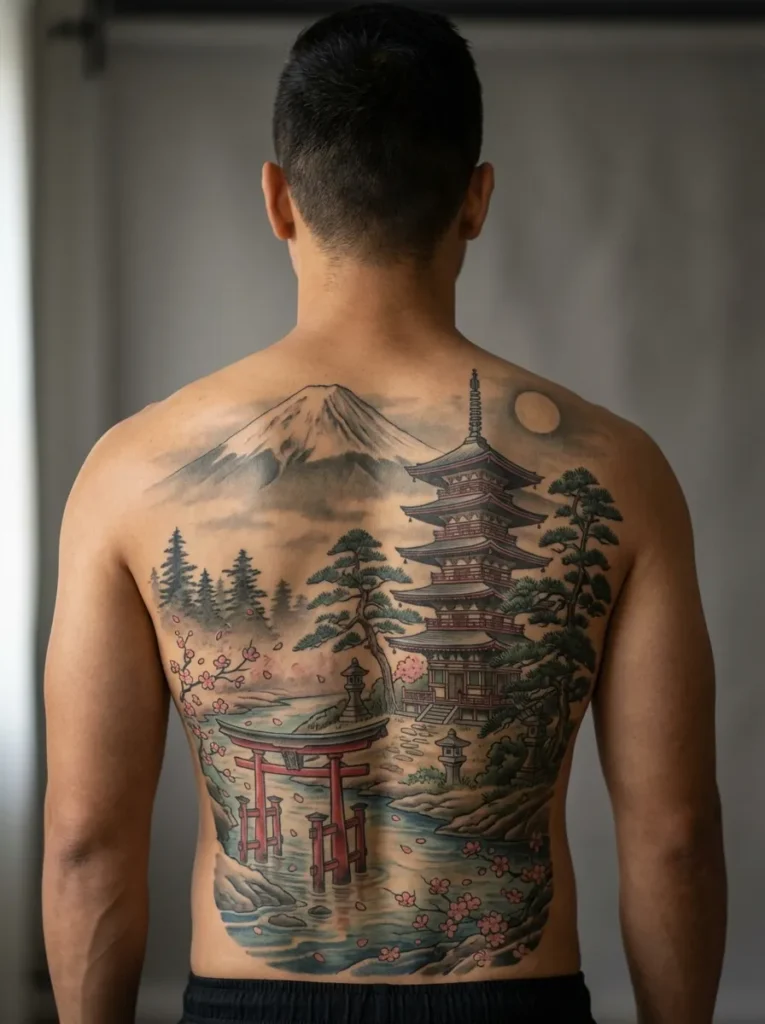 Temple and Mountain Landscape Full Back