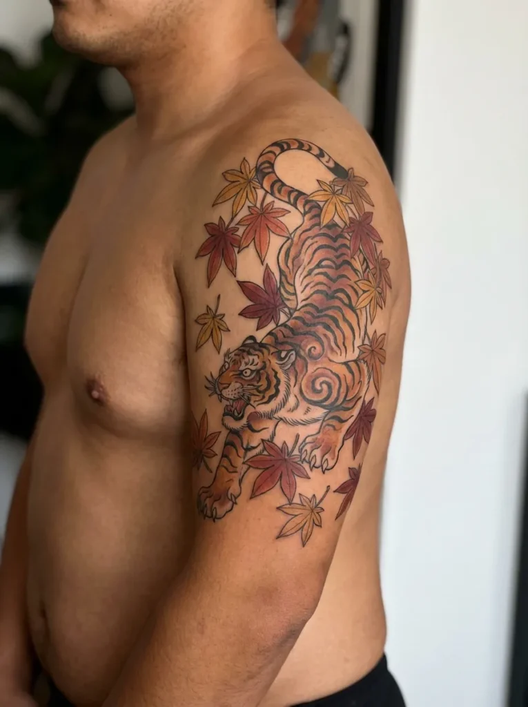 Tiger with Maple Leaves