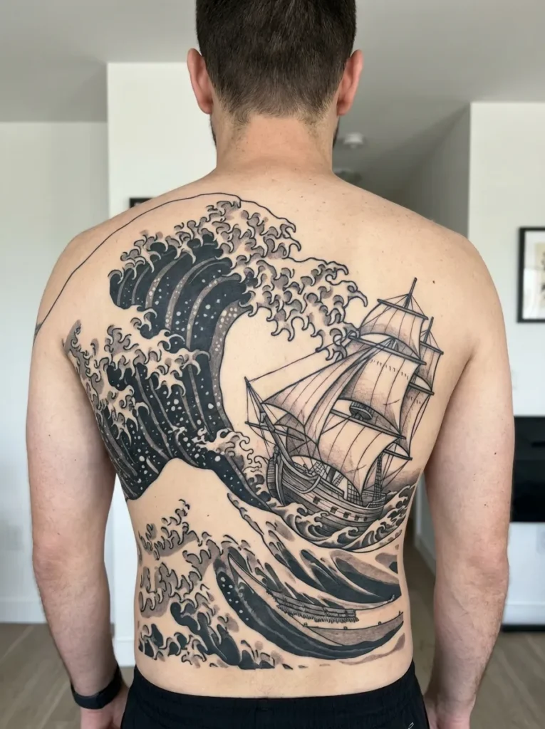 Wave and Ship Tattoo