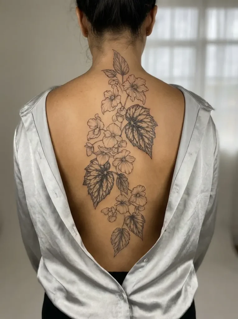 Begonia Flower Spine Tattoo