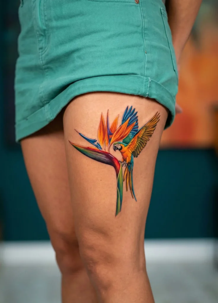 Bird of Paradise with Tropical Flower Tattoo
