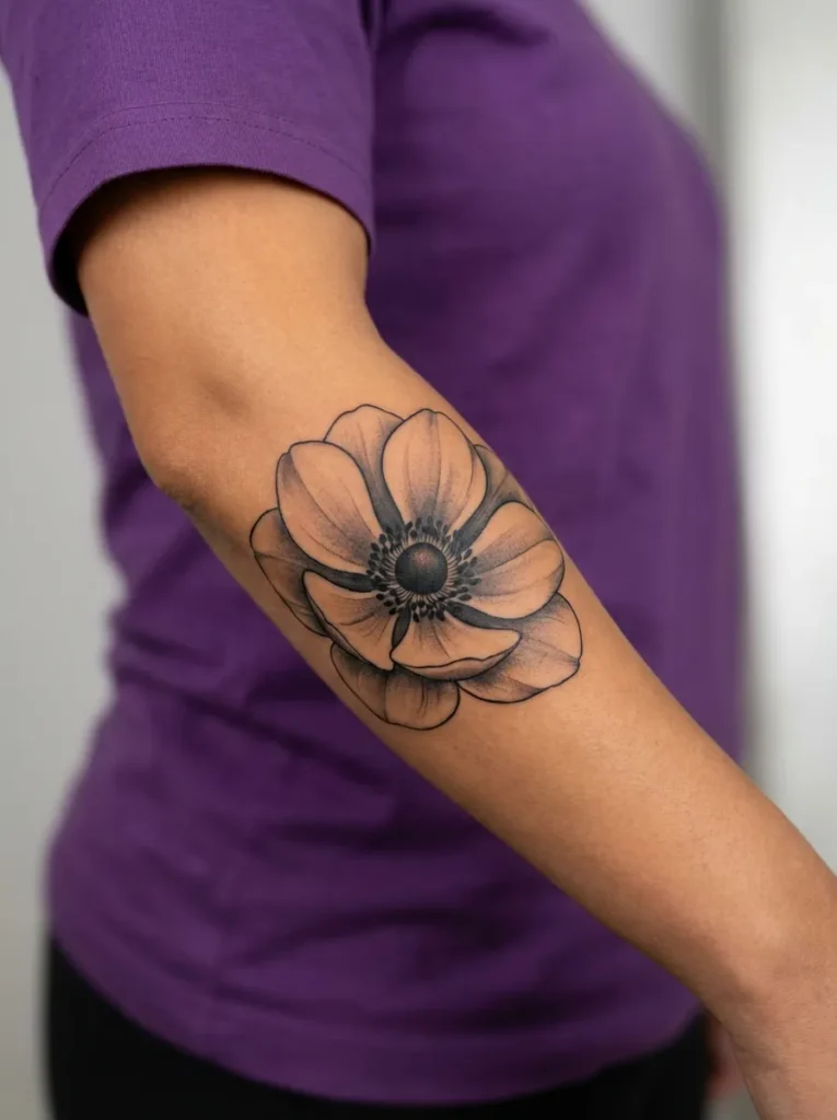 Black and Grey Anemone Flower Tattoo