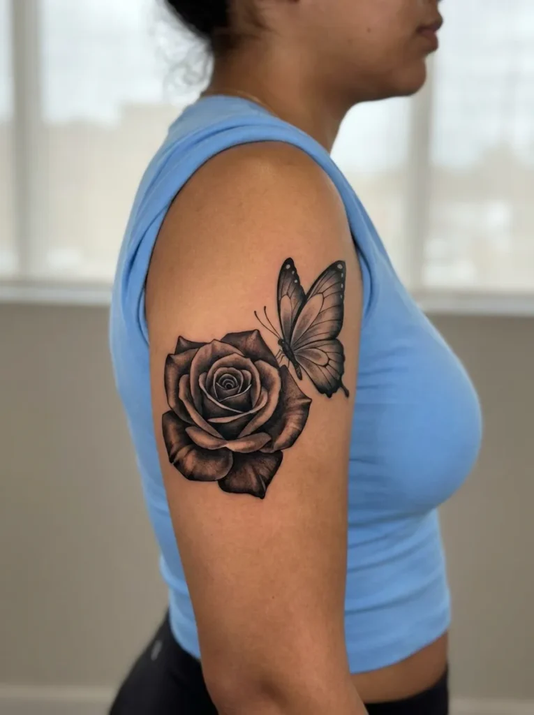 Black and Grey Butterfly with Shaded Rose
