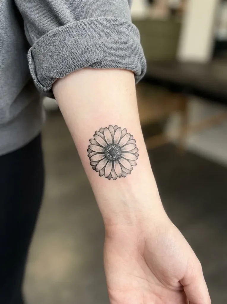 Black and Grey Calendula Flower Tattoo