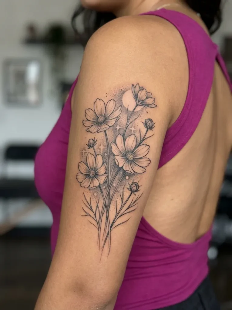 Black and Grey Cosmos Flower Tattoo