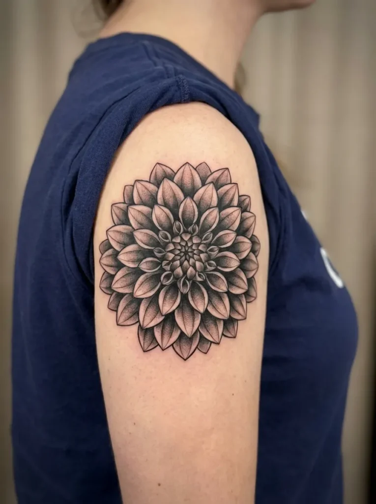 Black and Grey Dahlia Flower Tattoo