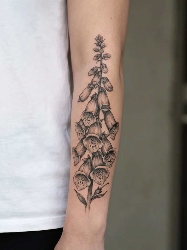 Black and Grey Foxglove Flower Tattoo