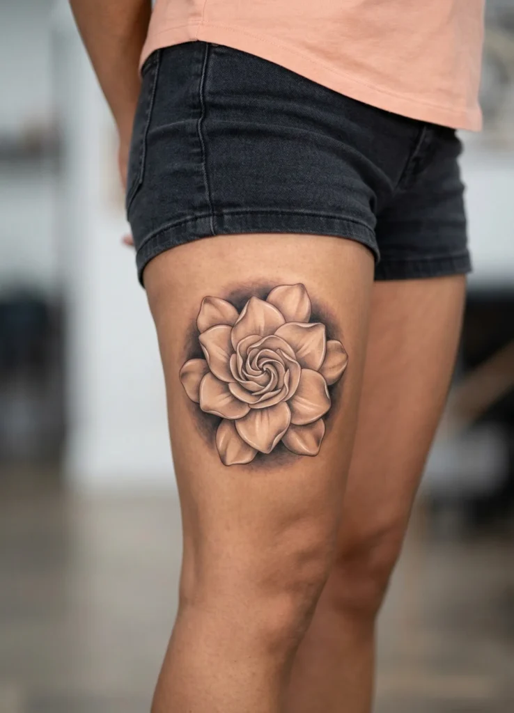 Black and Grey Gardenia Flower Tattoo
