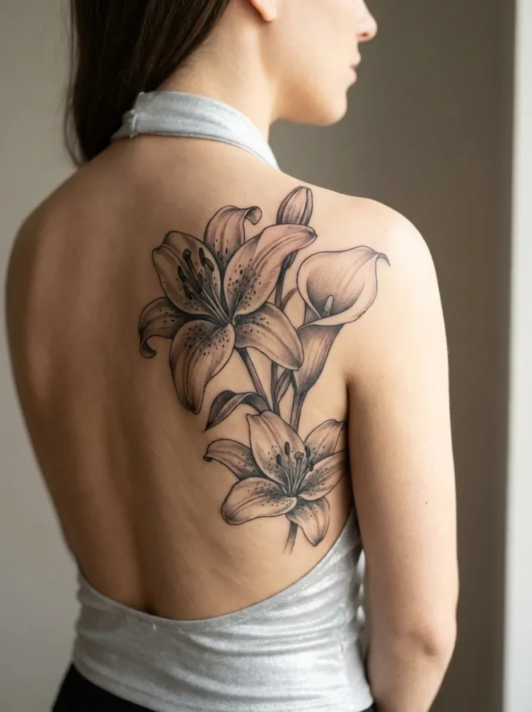Black and Grey Lily Flower Tattoo