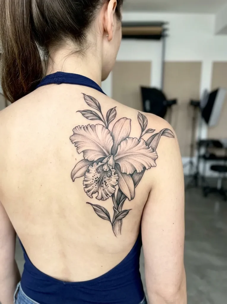 Black and Grey Orchid Flower Tattoo
