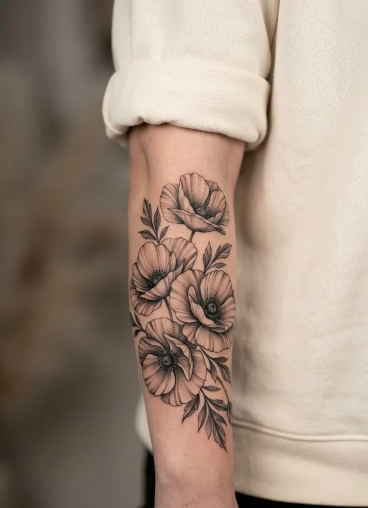Black and Grey Poppy Flower Tattoo