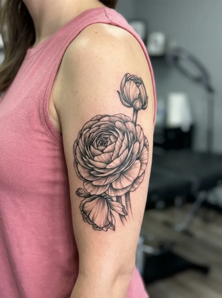 Black and Grey Ranunculus Flower Tattoo