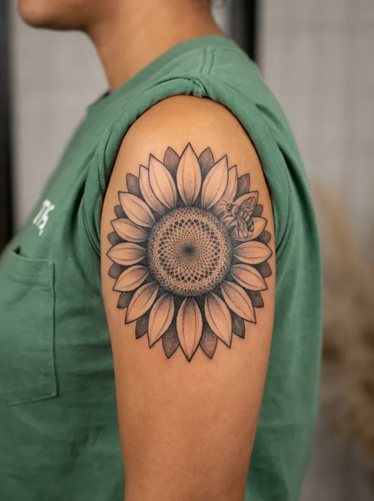 Black and Grey Sunflower Tattoo