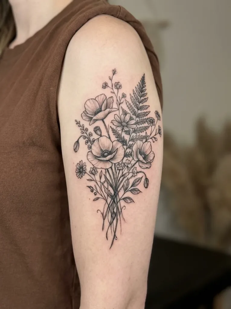 Black and Grey Wildflower Bouquet Tattoo