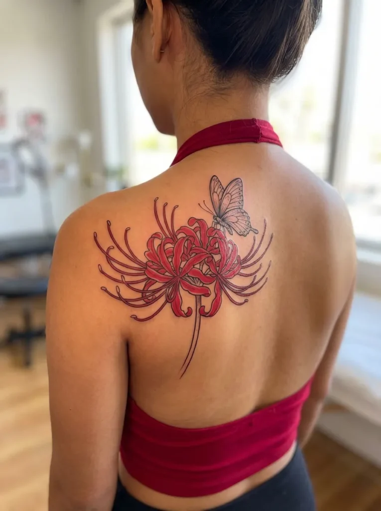 Bold Red Spider Lily Flower with Butterfly