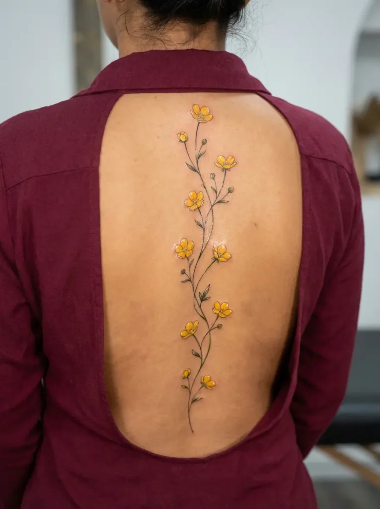Buttercup Flower Spine Tattoo