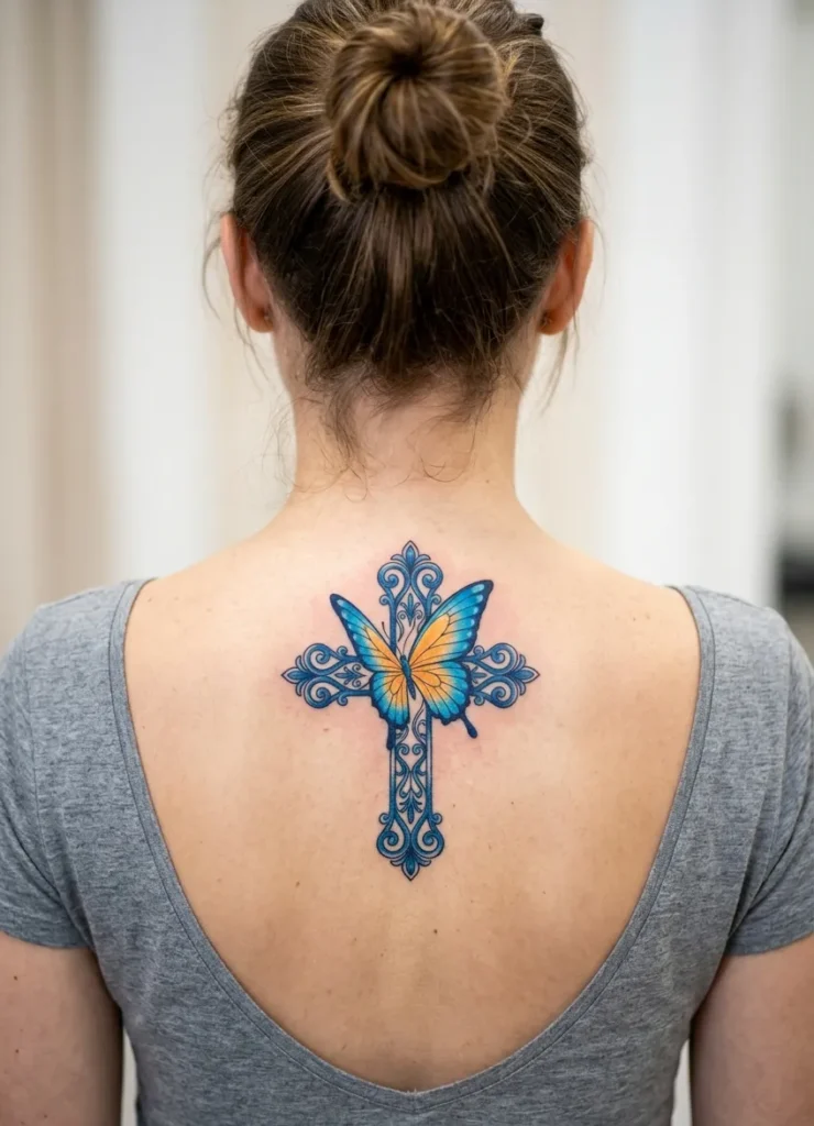 Butterfly Emerging from Cross Symbol