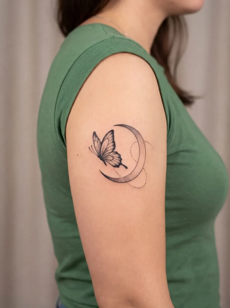 Butterfly Flying Around Moon Tattoo