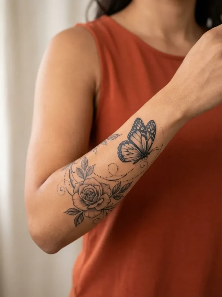 Butterfly Flying Around Rose Composition