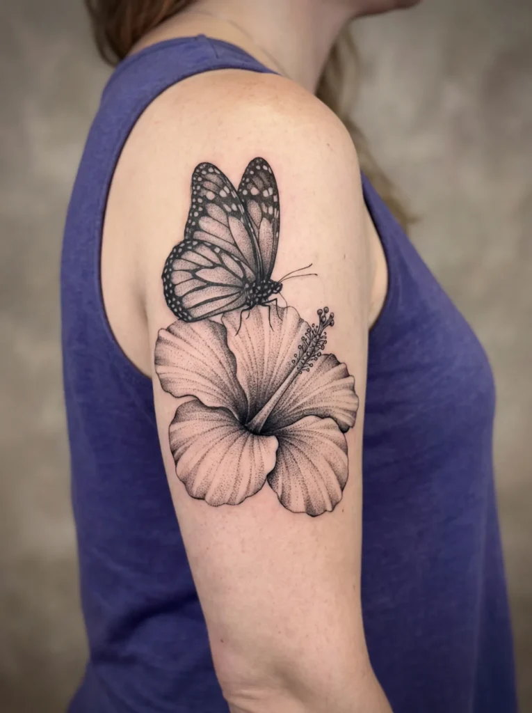 Butterfly + Hibiscus with Fine Dotwork