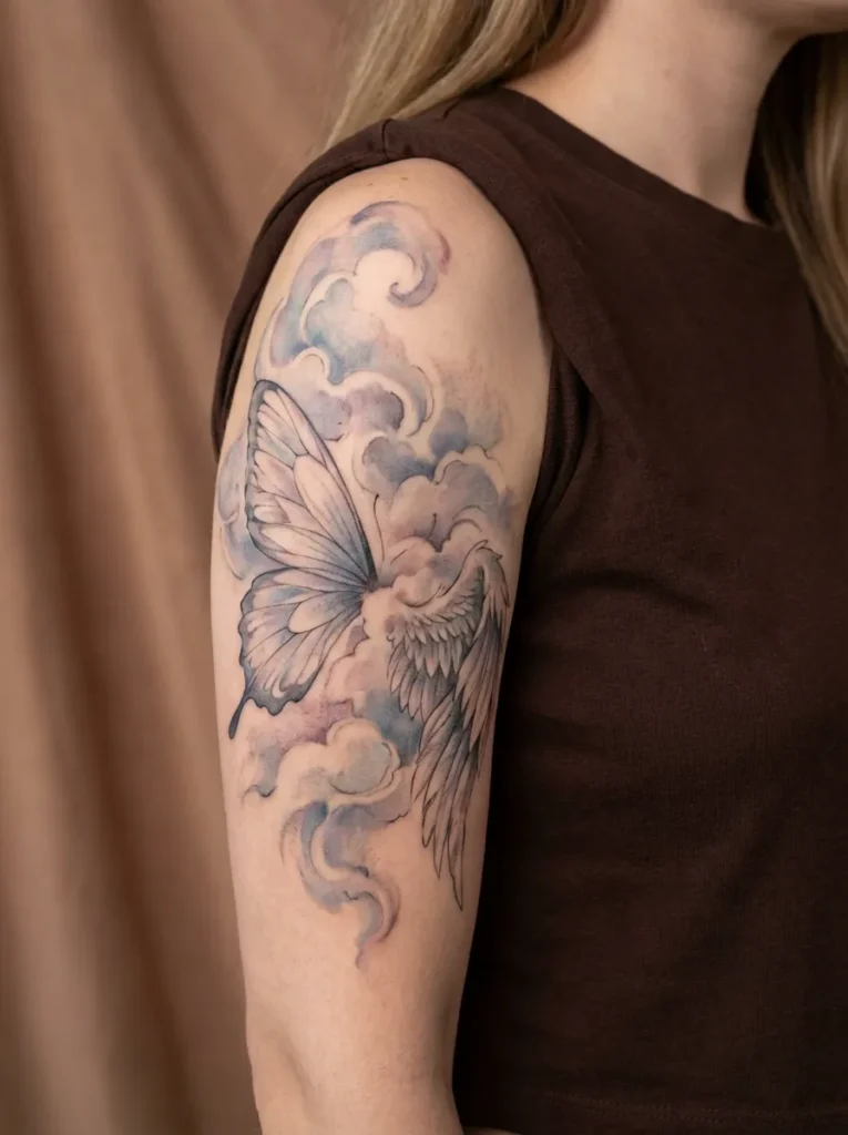 Butterfly Wing with Angel Wing Wrapped in Clouds