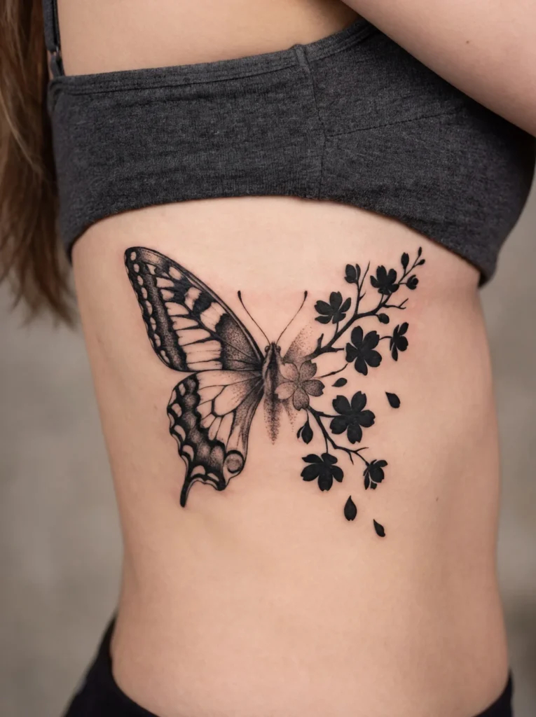 Butterfly Wing with Cherry Blossom Silhouette
