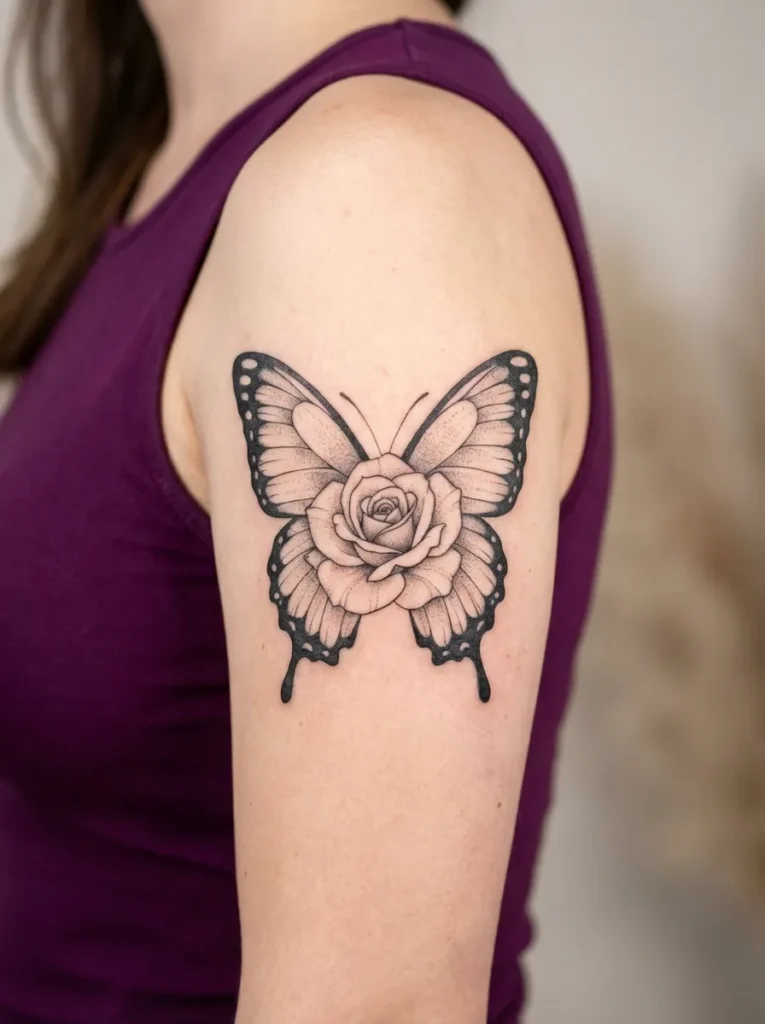 Butterfly Wings Forming a Heart Around Rose