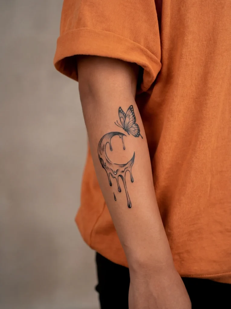 Butterfly and Dripping Moon Tattoo