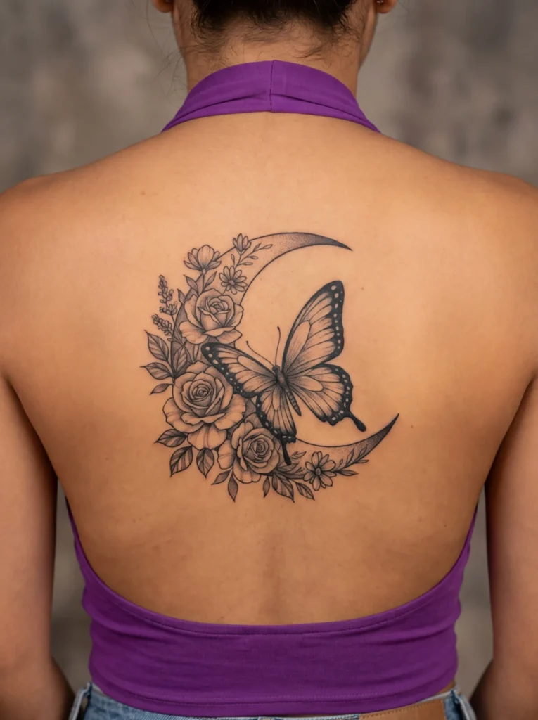 Butterfly and Floral Moon Tattoo