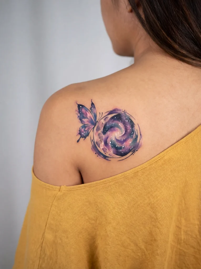 Butterfly and Galaxy Moon Tattoo