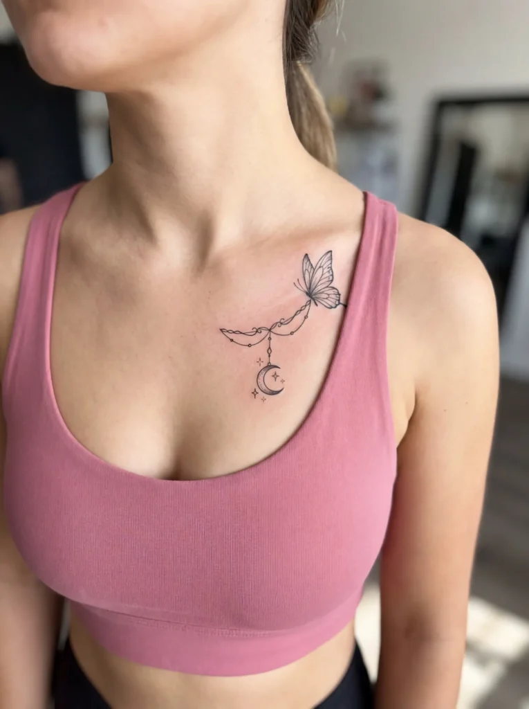 Butterfly and Hanging Moon Charm Tattoo