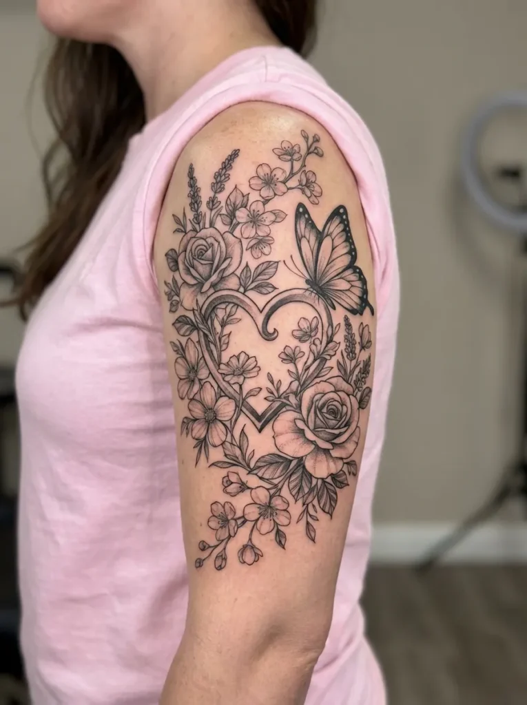 Butterfly and Heart Entwined with Flowers