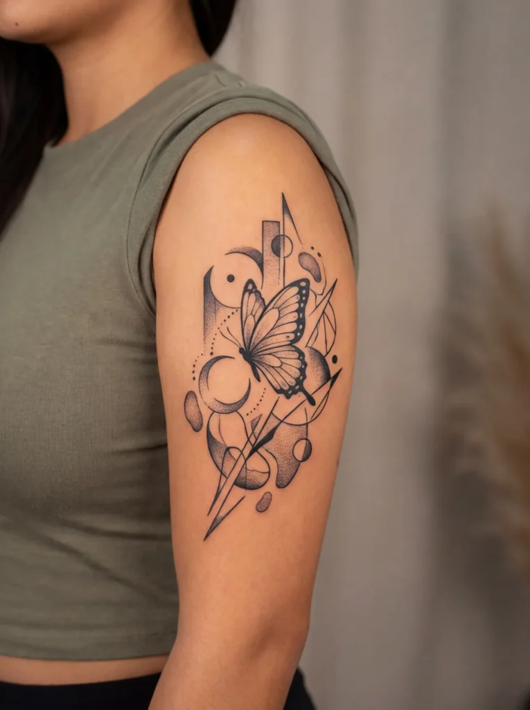 Butterfly and Moon with Abstract Shapes Tattoo