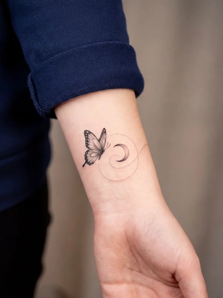 Butterfly and Moon with Dotted Line Flight Tattoo